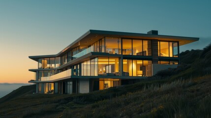 Obraz premium A modern, glass-enclosed house glows warmly against the dusky backdrop of the countryside, evoking luxury and tranquility.