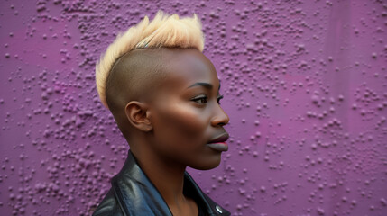 Black African woman with a shaved head and a shaved sideburns