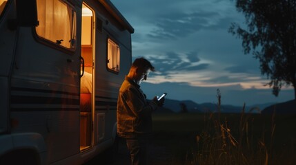 A person stands by a warmly lit camper van at dusk, engrossed in a mobile device, amidst a tranquil countryside landscape under a twilight sky.
