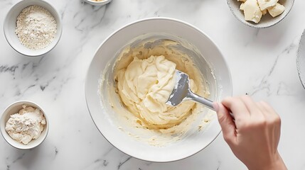Mixing Whipped Cream in a White Bowl with a Spatula on a Marble Surface