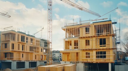 A construction site of modern timber buildings in progress under a clear blue sky, showcasing the rise of contemporary urban architecture and development.