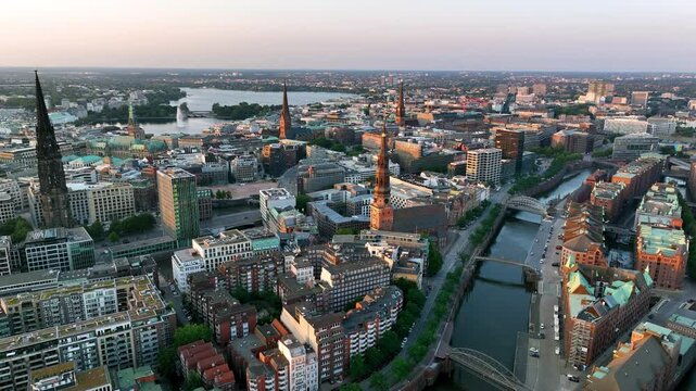 4k Aerial drone view Hamburg town hall building, city center. Germany.