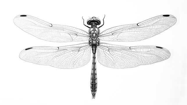 Dragonfly Wings from Dots and Lines: A dragonfly in flight, its delicate wings and elongated body drawn with a fine network of dots and thin lines.
