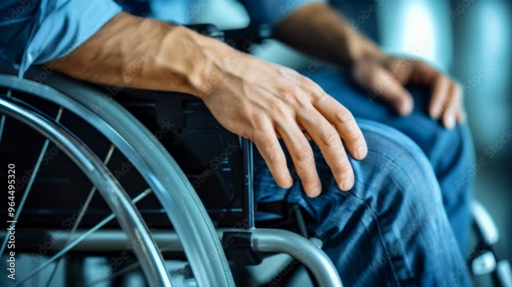 Poster close-up of a man's hand resting on a wheelchair handle indoors. a powerful representation of access