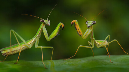 Two praying mantises were interacting in a lovely way. Their movements were graceful and delicate, almost like a dance.