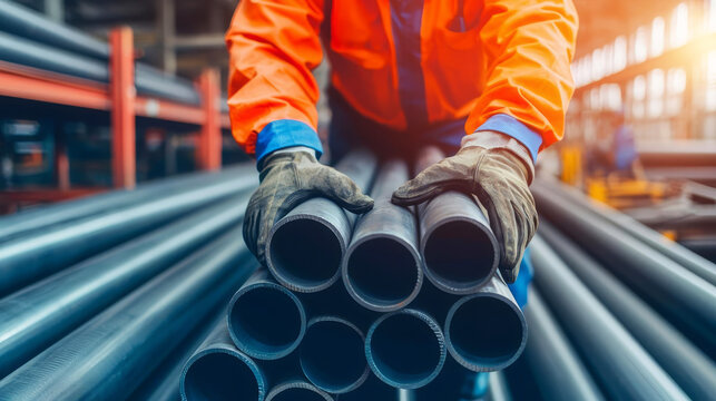 Warehouse worker moving steel pipes, hard hat and gloves, flat design illustration