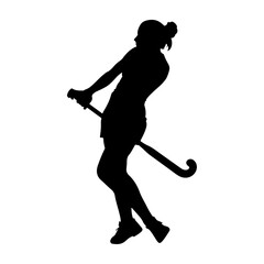 a female field hockey player in action. She is in the middle of a shot, with her body slightly bent forward
