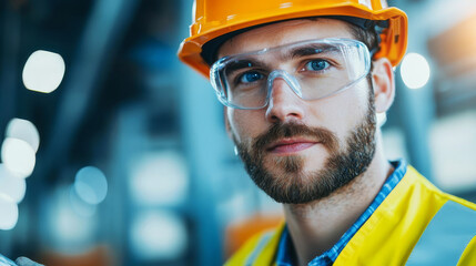 Metalworker inspecting finished products, protective eyewear, flat design illustration