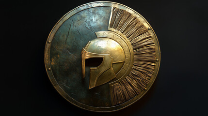 ai generated image of a spartan's shield with spartan's helmet design with dark background