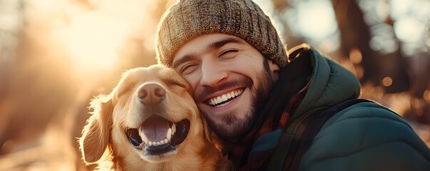 Fototapeta premium Beaming Man Embracing His Joyful Dog in Warm Sunlit Outdoor Scene