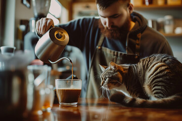 A male barista with a ginger beard and wearing an apron pouring coffee as a curious tabby cat watches him.  Coffee shop bar or cat cafe.