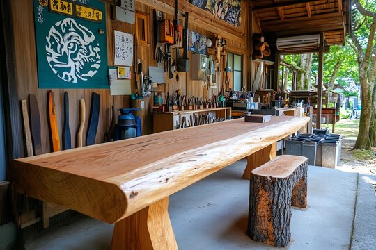 Japanese farm, carpentry workshop beside the house, handcrafting tools shows the dedication to self-sufficiency, with every tool made with care