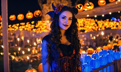 a woman in a Halloween costume stands on a balcony with pumpkins