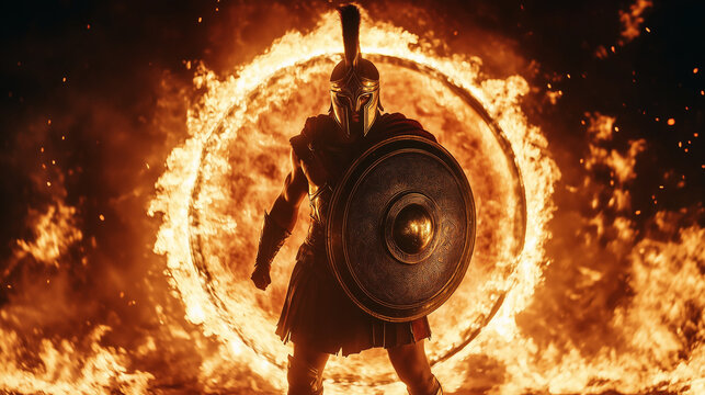 photo of a spartan warrior holding a shield with a fire circle in the background