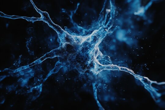 A visually striking abstract image resembling a neuron structure exploding in blue hues against a deep black background