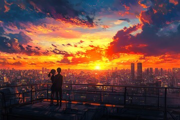 Fototapeta premium A breathtaking cityscape at sunset, two characters embracing in a dramatic isekai adventure, vibrant colors emphasizing their emotions, photorealistic style, eye-level perspective