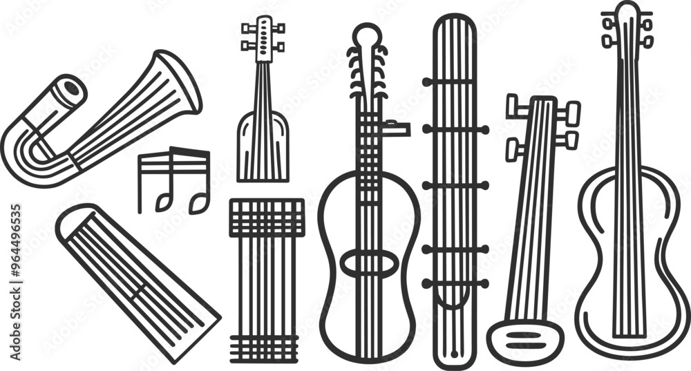 Wall mural adobe illustradoodle set of mariachian musical instruments. vector black outline drawings