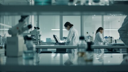 Scientists in white lab coats work in a high-tech laboratory, surrounded by modern equipment and glassware, demonstrating focus and precision.