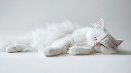 Obraz premium A fluffy, white cat is lying down, looking very relaxed against a plain white backdrop.