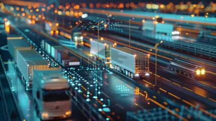 Fototapeta premium An evening highway scene, showcasing the movement of trucks with trails of lights under a networked system of data and communication.