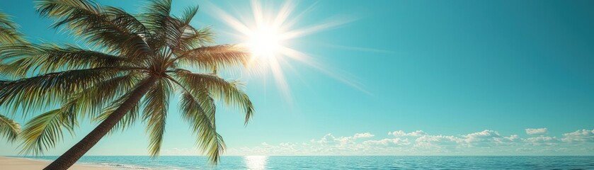 Obraz premium 3d model Tropical sun shining brightly over a palm-lined beach, warm weather, summer vibes 