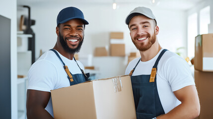 Smiling movers in blue uniforms and gloves carry cardboard boxes into a bright, modern home, ready for a successful move