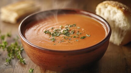 A bowl of steaming tomato soup topped with fresh herbs, served with a piece of bread, perfect for a cozy winter day.