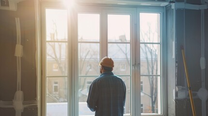 A construction worker in a hard hat gazes thoughtfully out of a large window, bathed in warm sunlight, in a partially finished building.