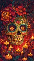 Fototapeta premium Decorated Sugar Skull with Floral Details - Floral Shadows Days Of The Dead - Vibrant and Symbolic Illustrations