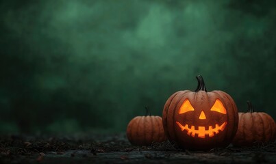 Naklejka premium A glowing jack-o'-lantern with a spooky face sits in a dark, foggy forest setting. Perfect for Halloween-themed projects.