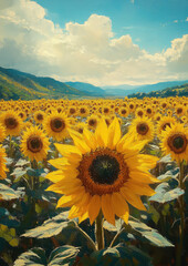 Obraz premium field of yellow sunflowers, autumn landscape, seasonal background, harvest, agriculture, flowers, fall, plants, nature, september, october, horizontal illustration, seeds, bloom, petals, growth