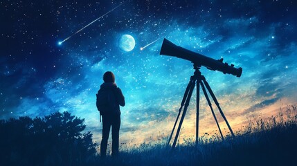 A solitary figure stands, gazing into the depths of the cosmos through an astronomer's telescope. The night sky illuminates with celestial wonders, from twinkling stars