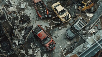 Overhead view of a devastated area with scattered wrecked vehicles, conveying chaos and destruction.