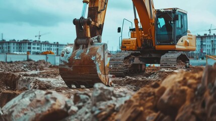 Fototapeta premium An active construction site with a large excavator digging through the earth, highlighting the machinery and progress in a developing urban area.