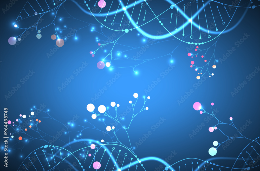 Aufkleber Scientific medical background with abstract image of dna molecule and tree branches. Neon glow effects and gradient. Hand drawn vector illustration.