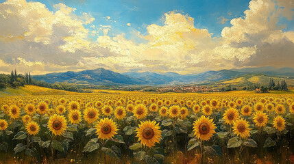 Fototapeta premium field of yellow sunflowers, autumn landscape, seasonal background, harvest, agriculture, flowers, fall, plants, nature, september, october, horizontal illustration, seeds, bloom, petals, growth