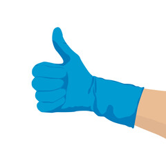 Hand In Blue Medical Glove Showing Ok Sign, Isolated On White Background. Vector Illustration