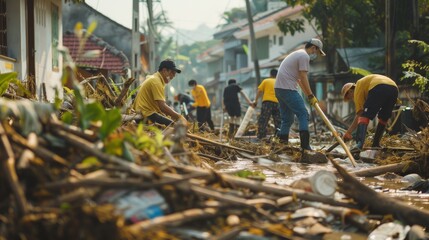 A group of people cleaning up debris in an urban area after a natural disaster, showcasing community spirit and resilience.