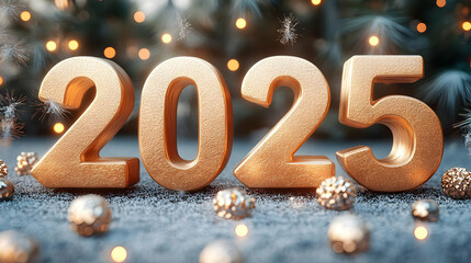 A festive representation of the year 2025 with golden numbers surrounded by decorative elements.