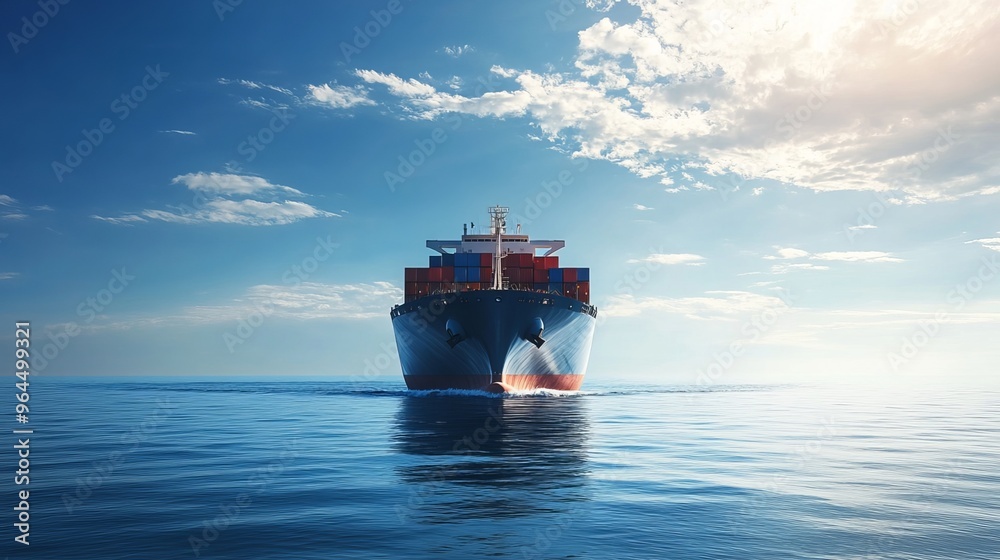 Wall mural A vast blue merchant cargo ship sails through the serene ocean, its colossal silhouette dominating the horizon. The vessel serves as a vital link in global trade, facilitating the export