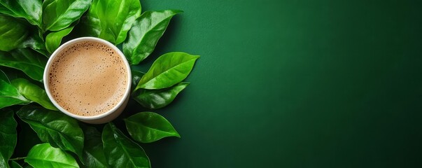 A cozy cup of coffee surrounded by vibrant green leaves on a calming background, perfect for nature and beverage themes.