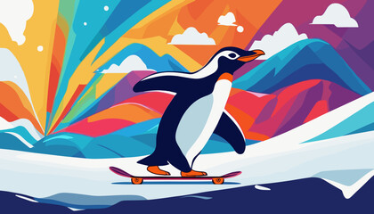Cute penguin cartoon vector illustration on icy Antarctica beach, enjoying winter sun