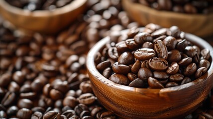 Fototapeta premium Wooden bowl overflowing with coffee beans