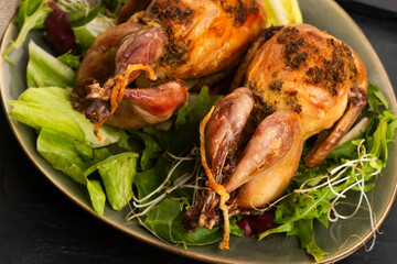 Baked tasty quails on ceramics plate with salad