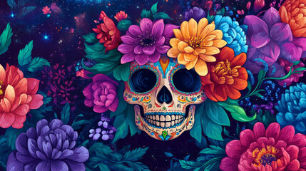 Fototapeta premium Day of the Dead Skull Emerging from a Colorful Bouquet of Flowers - Floral Shadows Days Of The Dead - Vibrant and Symbolic Illustrations 