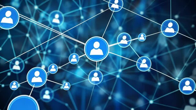 Abstract blue background with icons of people in circles and lines, representing a network connection or social media technology concept