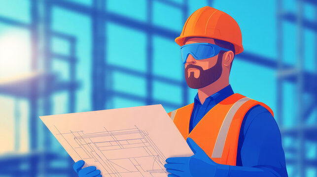 Engineer with blueprint, metal construction site, protective gear, flat design illustration