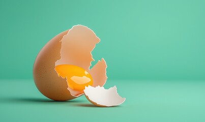 Close-up of a cracked brown egg with vibrant yellow yolk against a green background, showcasing freshness and simplicity.
