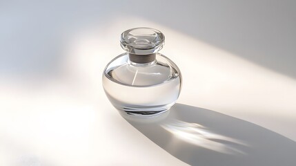 Elegant Glass Bottle: A minimalist glass perfume bottle with a sleek design, centered on a pure white background, casting a soft shadow.
