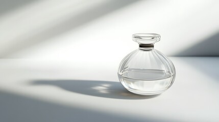 Elegant Glass Bottle: A minimalist glass perfume bottle with a sleek design, centered on a pure white background, casting a soft shadow.
